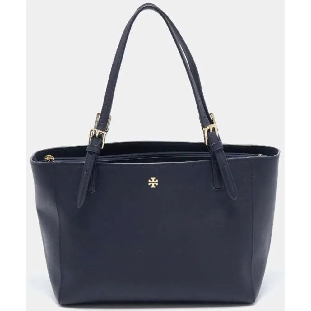 Tory Burch Navy Blue Saffiono Robinson Clutch Textured Leather Tote